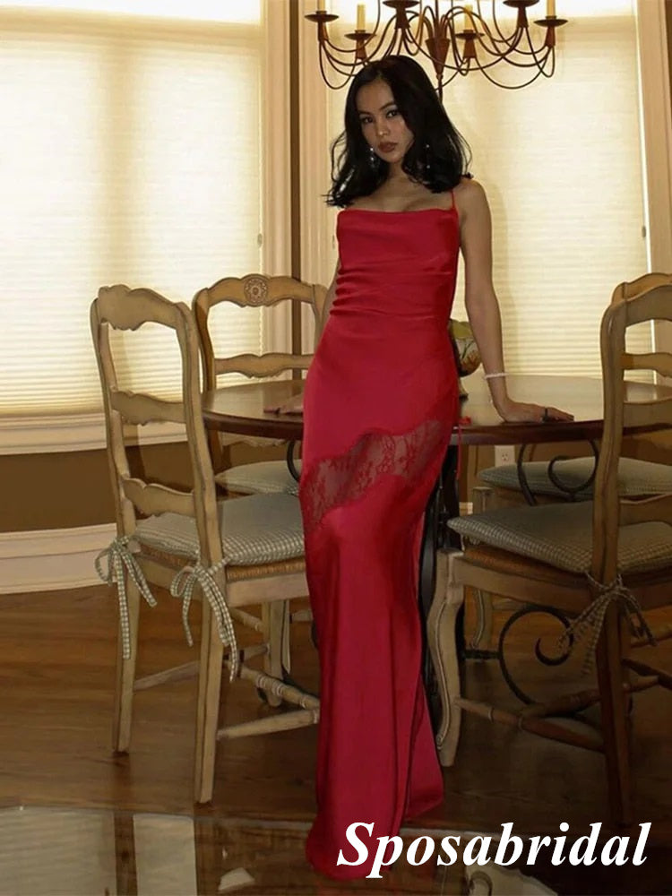 Sexy Soft Satin Spaghetti Straps Sleeveless Side Slit Mermaid Maxi Prom Dress, PD4035