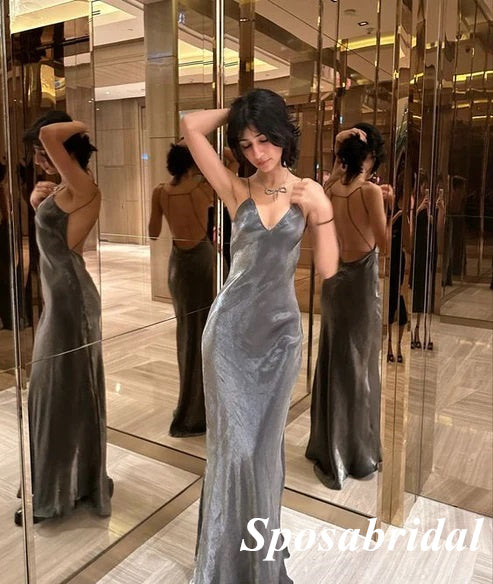 Sexy Silver Elastic Satin Spaghetti Straps Sleeveless Open Back Mermaid Long Prom Dresses, PD3869
