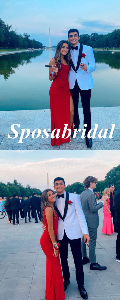 Sexy Red One Shoulder Sleeveless Side Slit Mermaid Long Prom Dresses, PD3930