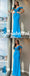 Sexy Blue Cold Shoulder V-Neck Sleeveless Mermaid Long Prom Dresses With Beading, PD3931