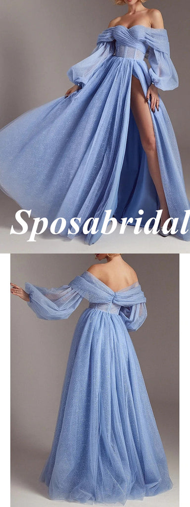 Sparkly Tulle Off Shoulder Long Sleeves Side Slit A-Line Long Prom Dresses, PD3909