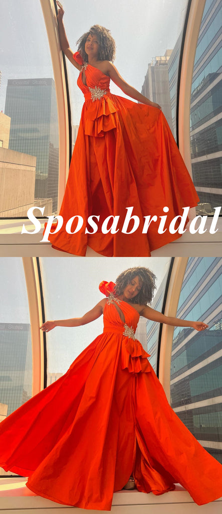 Elegant One Shoulder Sleeveless Side Slit A-Line Long Prom Dresses With Rhinestone, PD3919