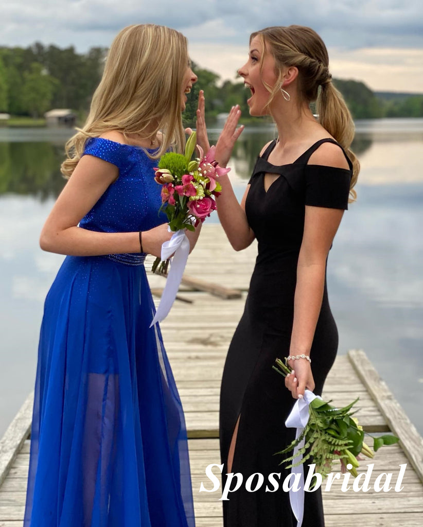 Sparkly Black Crepe Off Shoulder Sleeveless Sied Slit Mermaid Long Prom Dresses, PD3844