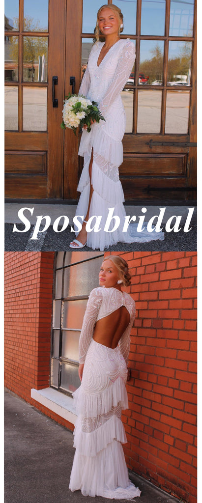 Sexy V-Neck Long Sleeves Open Back Side Slit Mermaid Long Prom Dresses, PD3936