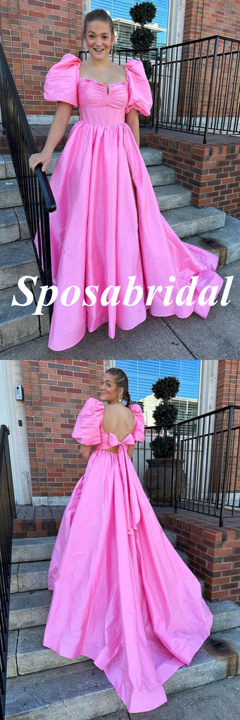 Sweet Pink Satin Half Sleeves A-Line Long Prom Dresses With Bow Tie, PD3889