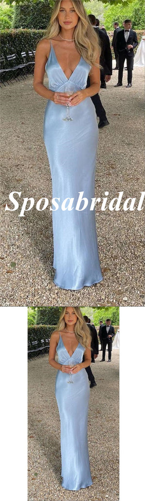 Sexy Soft Satin Spaghetti Straps V-Neck Sleeveless Mermaid Long Prom Dresses, PD3937