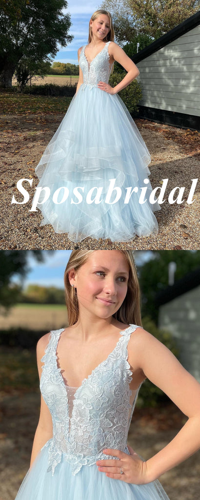 Sexy Light Bule Tulle Spaghetti Straps V-Neck A-Line Long Prom Dresses With Applique, PD3753