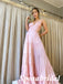 Sexy Pink Soft Satin Spaghetti Straps V-Neck A-Line Long Prom Dresses, PD3786
