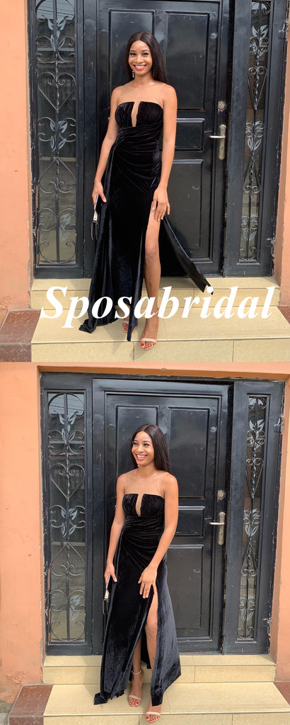 Sexy Velvet Sweetheart Sleeveless Side Slit Mermaid Long Prom Dresses, PD3923