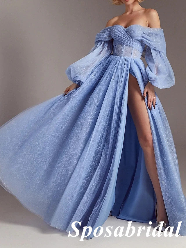 Sparkly Tulle Off Shoulder Long Sleeves Side Slit A-Line Long Prom Dresses, PD3909