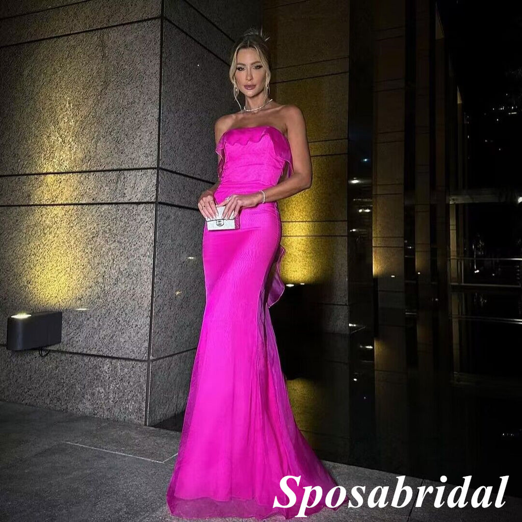 Sexy Fuchsia Pink Organza Sweetheart Sleeveless Mermaid Long Prom Dresses, PD3874