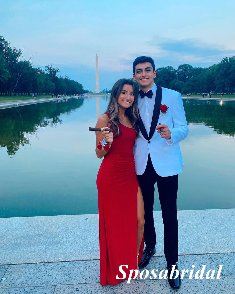 Sexy Red One Shoulder Sleeveless Side Slit Mermaid Long Prom Dresses, PD3930