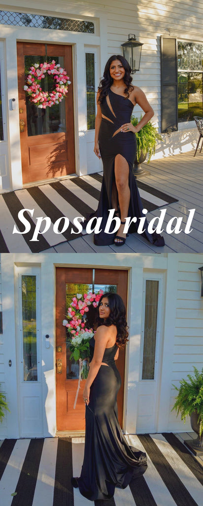 Sexy Black Satin One Shoulder Sleeveless Side Slit Mermaid Long Prom Dresses, PD3925