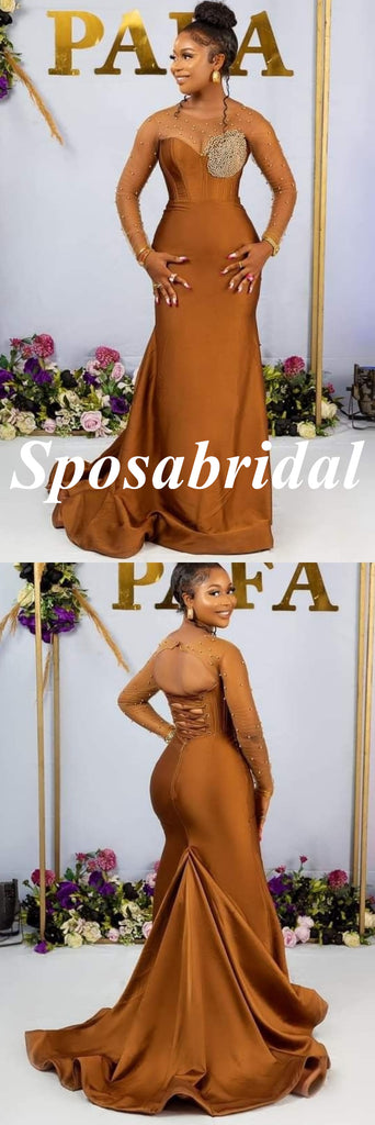 Sexy Soft Satin And Tulle Long Sleeves Floor-Length Mermaid Maxi Mermaid Bridesmaid Dresses, BD3406