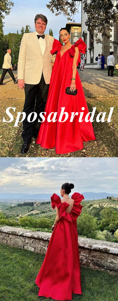 Elegant Red Satin Spaghetti Straps V-Neck Open Back A-Line Long Prom Dresses, PD3798