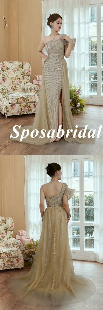 Elegant Tulle One Shoulder Sleeveless Side Slit Mermaid Long Prom Dresses With Train, PD3795