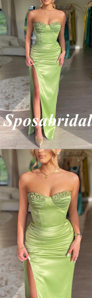 Sexy Soft Satin Sweetheart Sleeveless Side Slit Mermaid Long Prom Dresses With Beading, PD3938