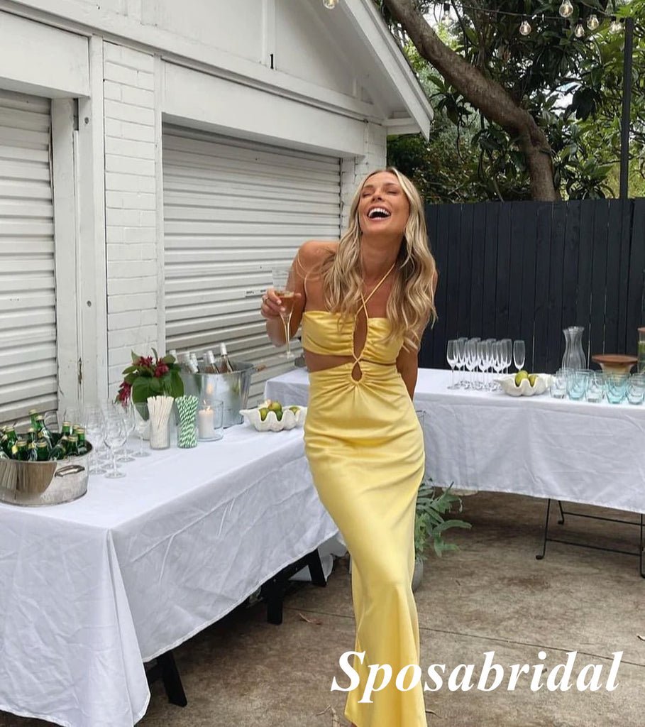 Sexy Lemon Soft Satin Halter Sleeveless Floor length Long Prom Dresses, PD3832