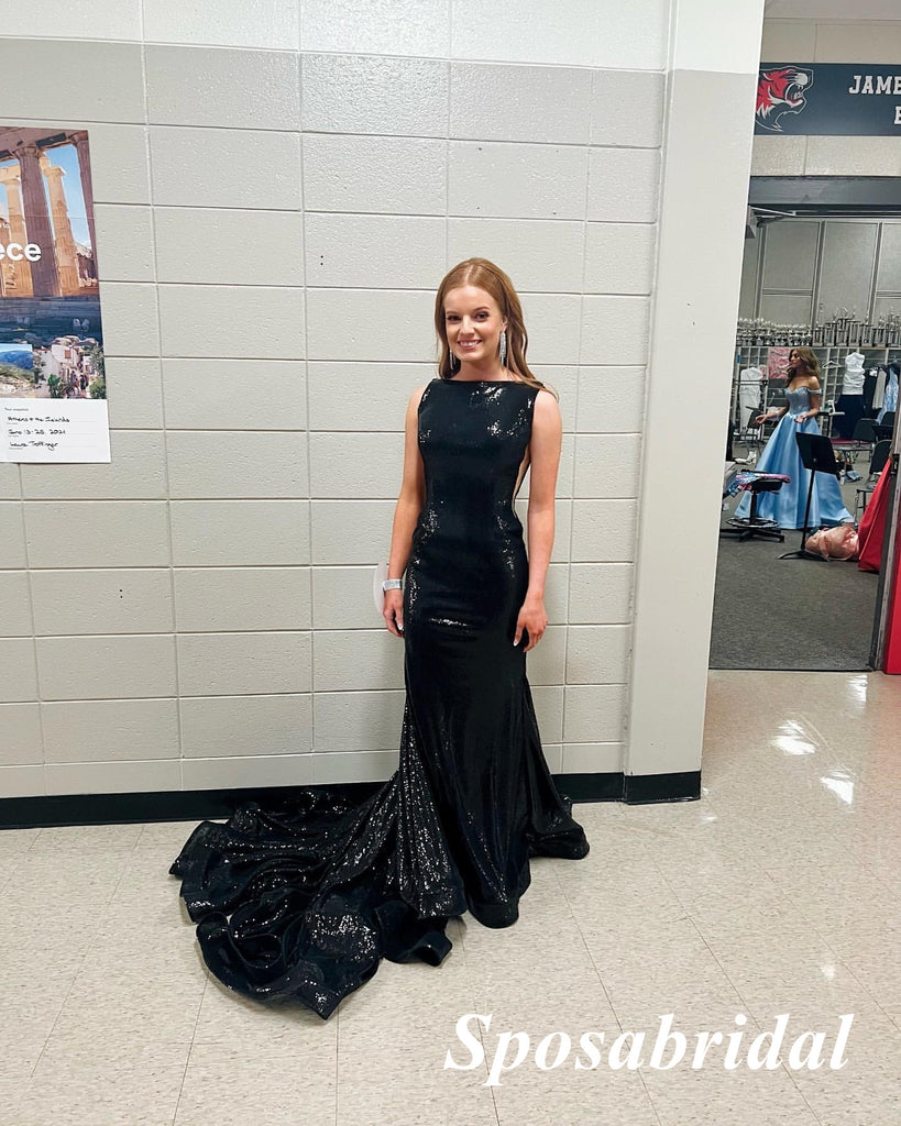 Sexy Black Sequin Spaghetti Straps Sleeveless Mermaid Long Prom Dresses, PD3926