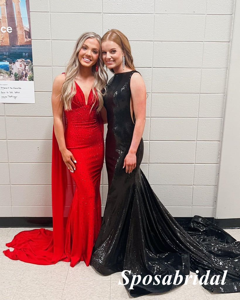 Sexy Black Sequin Spaghetti Straps Sleeveless Mermaid Long Prom Dresses, PD3926