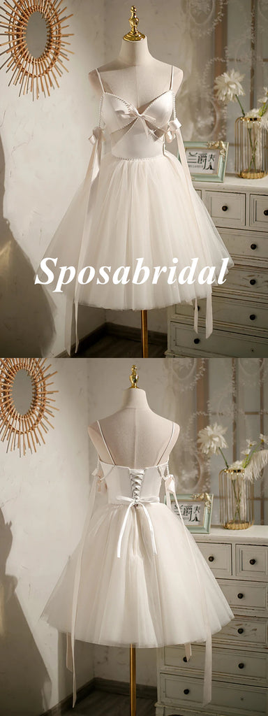 Sexy White Satin Spaghetti Straps V-Neck A-Line Mini Dresses/ Homecoming Dresses With Beading, PD3570
