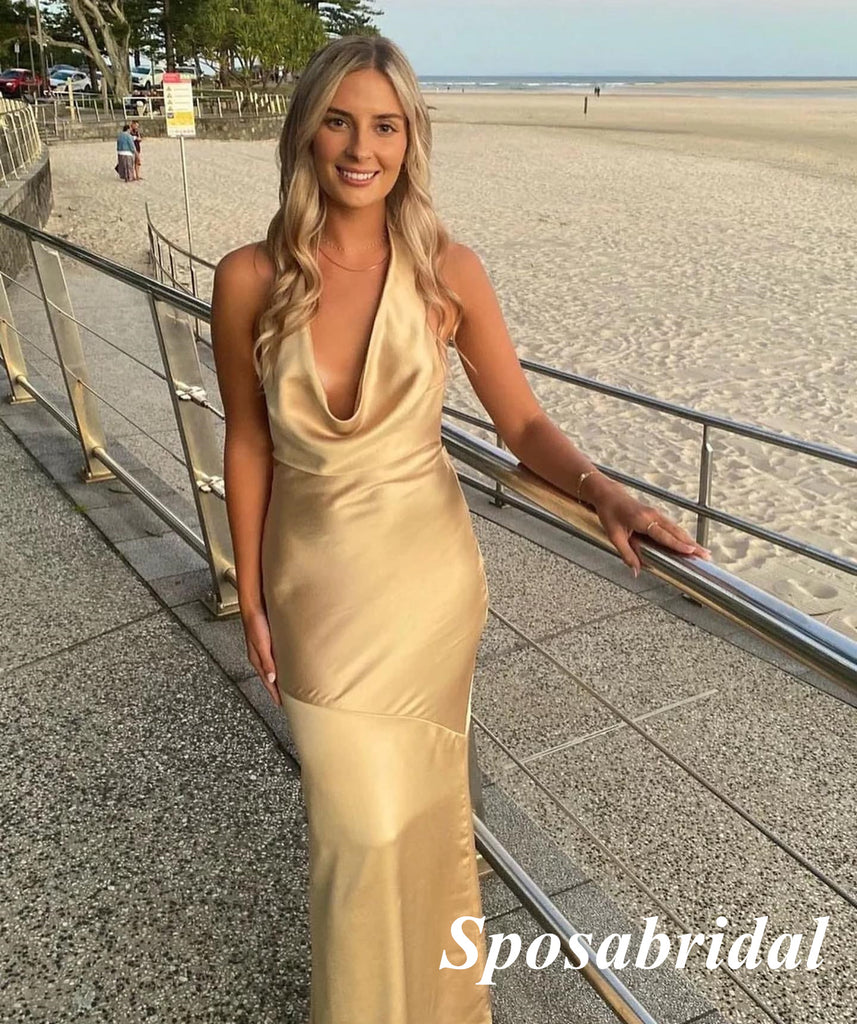 Sexy Soft Satin Halter Sleeveless Backless Floor length Long Prom Dresses, PD3833