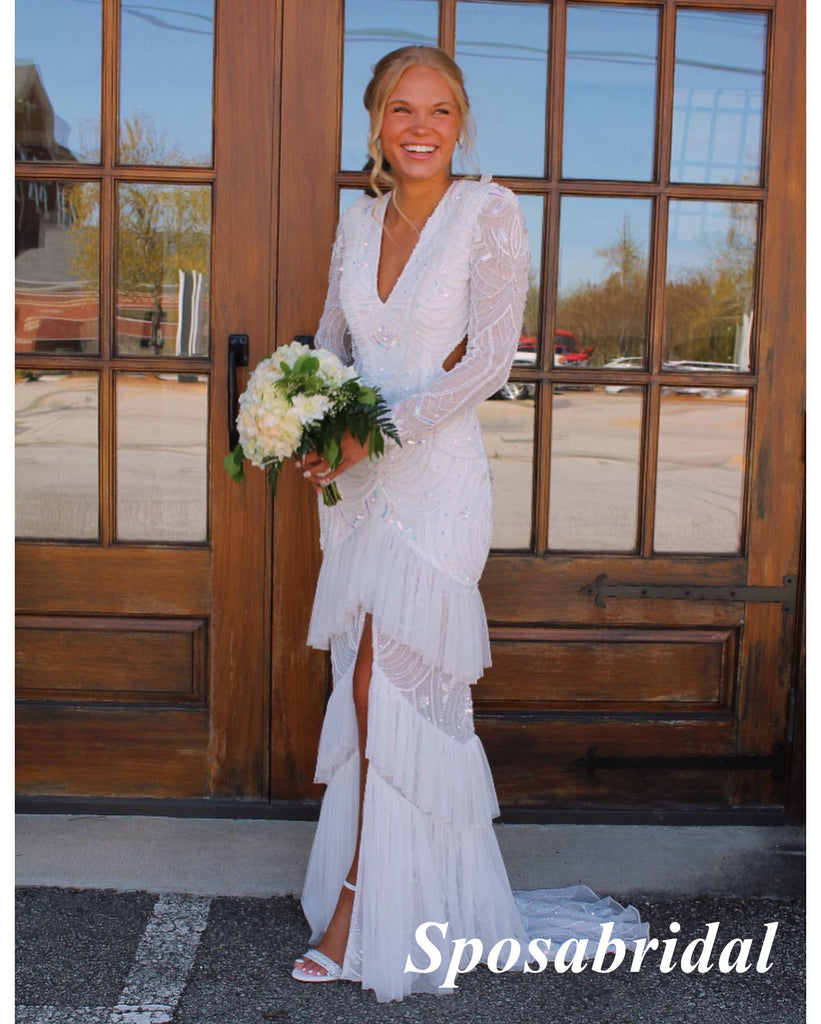 Sexy V-Neck Long Sleeves Open Back Side Slit Mermaid Long Prom Dresses, PD3936