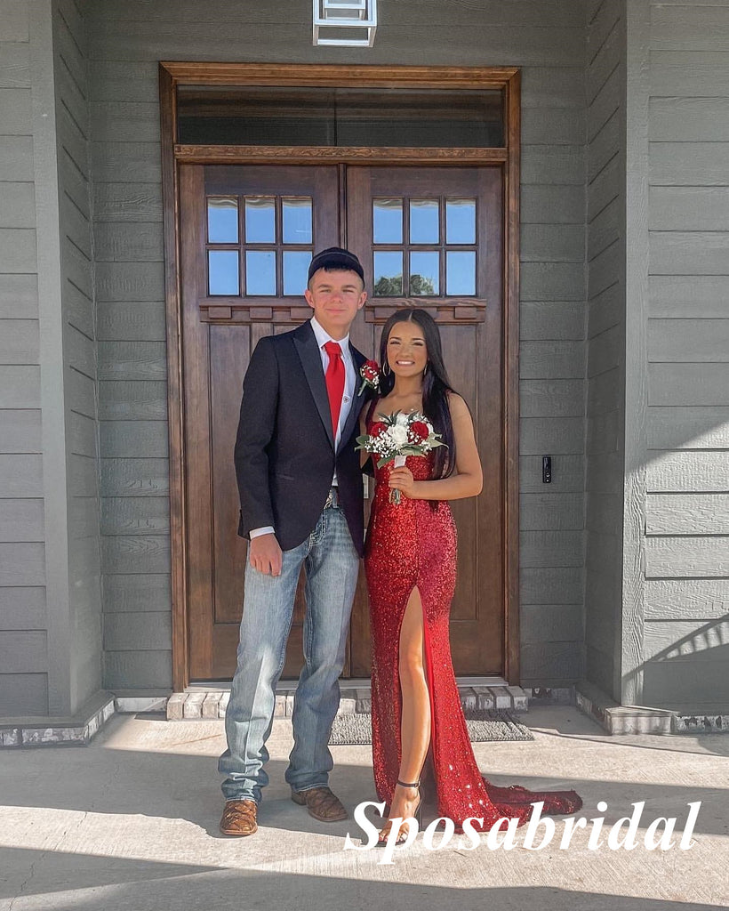 Sparkly Sequin Spaghetti Straps Sleeveless Side Slit Mermaid Long Prom Dresses, PD3845