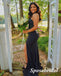 Sexy Black Satin One Shoulder Sleeveless Side Slit Mermaid Long Prom Dresses, PD3925