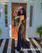 Sexy Black Satin One Shoulder Sleeveless Side Slit Mermaid Long Prom Dresses, PD3925