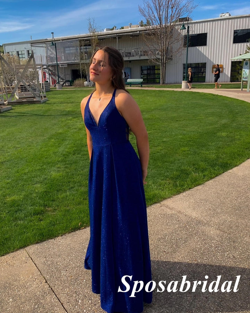 Sparkly Spaghetti Straps V-Neck Sleeveless A-Line Long Prom Dresses, PD3843
