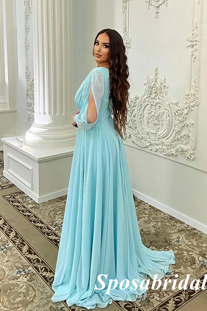 Elegant Chiffon Deep V-neck Long Sleeve Side Slit A-Line Long Prom Dresses, PD3806