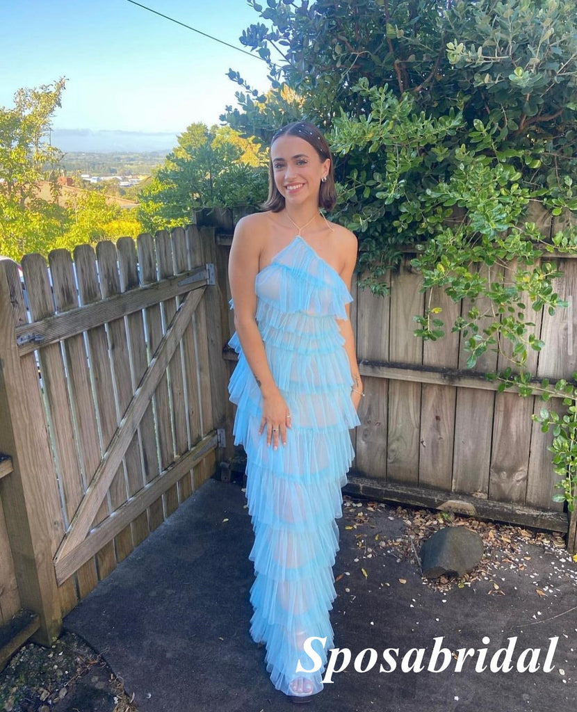 Sexy Blue Tulle Halter Sleeveless Mermaid Long Prom Dresses With Split, PD3838