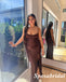 Sexy Chocolate Soft Satin Spaghetti Straps Sleeveless Side Slit Mermaid Long Prom Dresses, PD3921