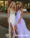 Sexy Tulle Spaghetti Straps V-Neck Sleeveless Open Back Side Slit Mermaid Long Prom Dresses, PD3935