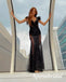 Shiny Black Sequin Lace Spaghetti Straps V-Neck Sleeveless Mermaid Long Prom Dresses, PD3928