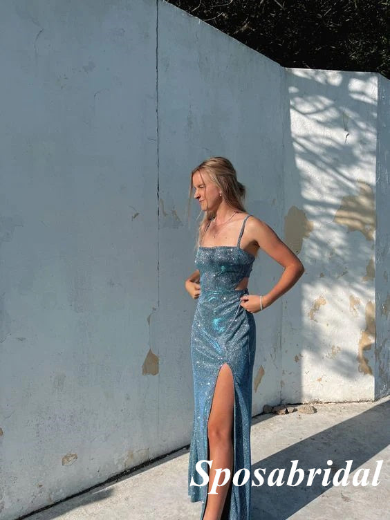 Sparkly Special Fabric Spaghetti Straps Sleeveless Side Slit Mermaid Long Prom Dresses, PD3868