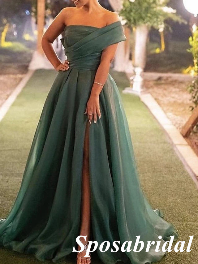 Elegant Organza Satin One Shoulder Sleeveless Side Slit A-Line Long Prom Dresses, PD3908