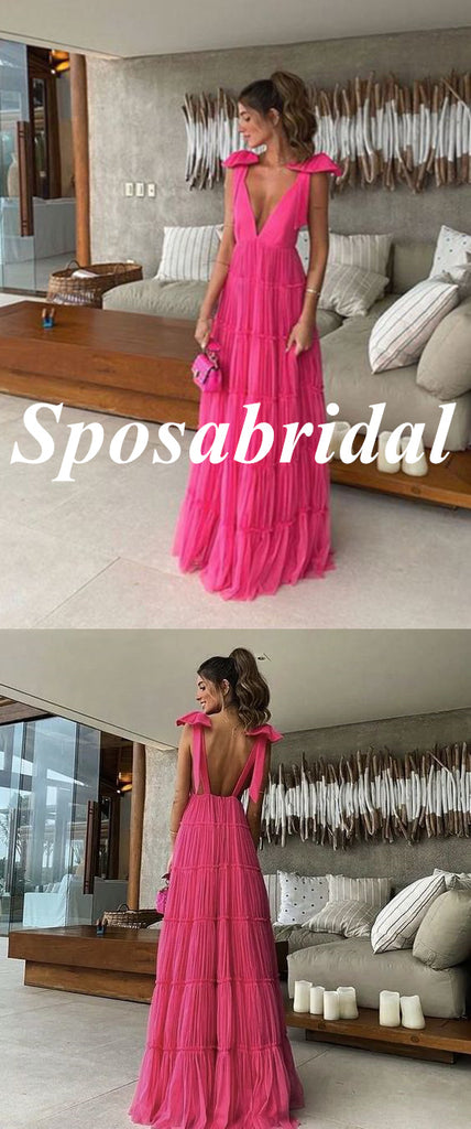 Elegant Pink Chiffon Spaghetti Straps V-Neck Open Back A-Line Long Prom Dresses, PD3800