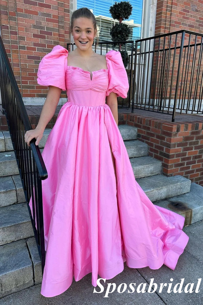 Sweet Pink Satin Half Sleeves A-Line Long Prom Dresses With Bow Tie, PD3889