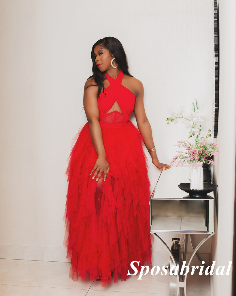 Sexy Red Tulle Halter Side Slit  A-Line Long Prom Dresses, PD3852