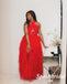 Sexy Red Tulle Halter Side Slit  A-Line Long Prom Dresses, PD3852