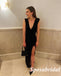 Sexy Black Crepe Fabric Spaghetti Straps Deep V-Neck Mermaid Long Prom Dresses With Split, PD3870