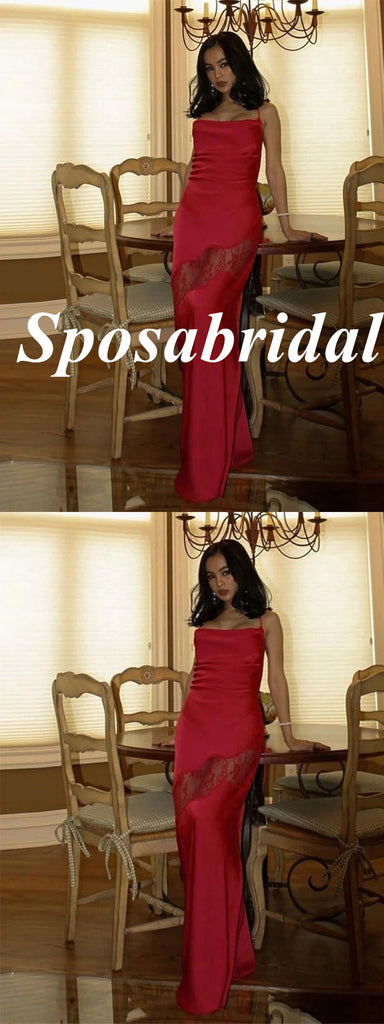 Sexy Soft Satin Spaghetti Straps Sleeveless Side Slit Mermaid Maxi Prom Dress, PD4035