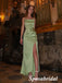 Sexy Soft Satin Spaghetti Straps Square Sleeveless Side Slit Mermaid Long Prom Dresses, PD3903