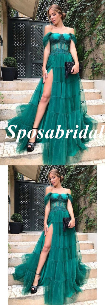 Sexy Charming Tulle Off Shoulder Side Slit A-Line Long Prom Dresses, PD3762