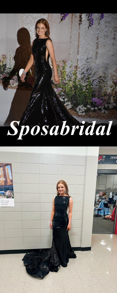 Sexy Black Sequin Spaghetti Straps Sleeveless Mermaid Long Prom Dresses, PD3926