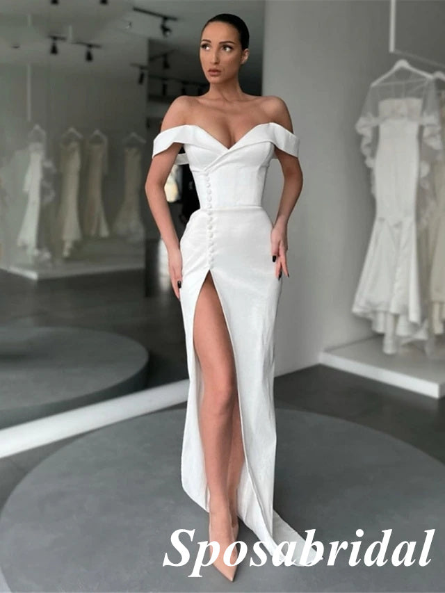 Sexy Satin Off Shoulder Sleeveless Side Slit Mermiad Long Prom Dresses, PD3910