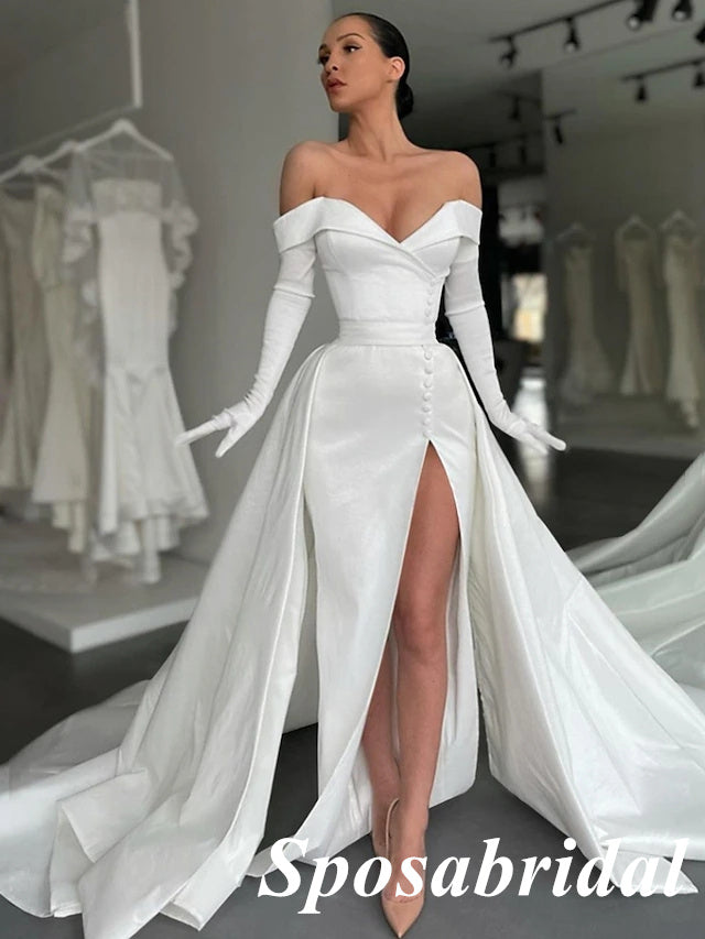 Sexy Satin Off Shoulder Sleeveless Side Slit Mermiad Long Prom Dresses, PD3910