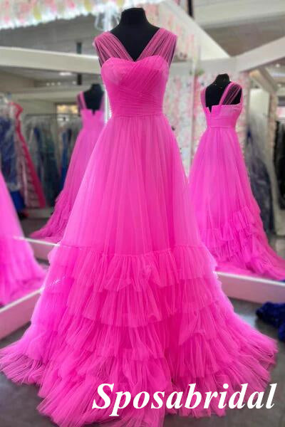Lovely Hot-Pink Tulle Spaghetti Straps V-Neck A-Line Long Prom Dresses, PD3824